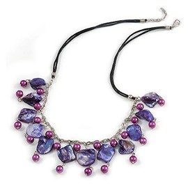Avalaya Purple/Violet Glass Bead, Sea Shell Nugget Black Cord Necklace - 50cm L/ 4cm Ext