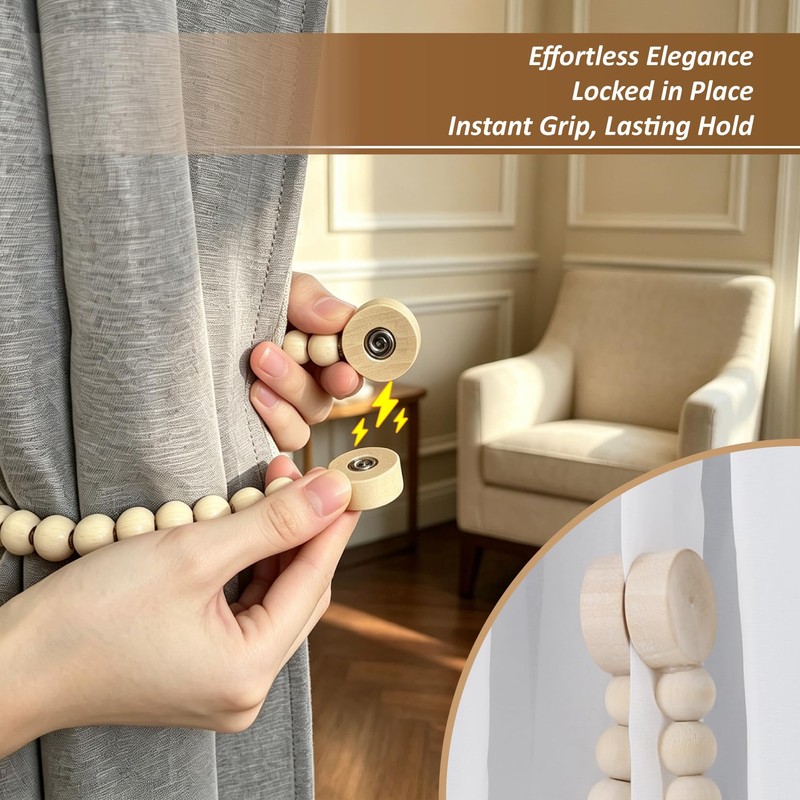 YISARSH Wood Bead Magnetic Curtain Tiebacks, No Drill Curtain Tie
