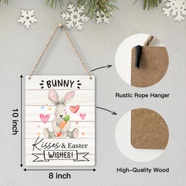 Easter Decorations Door Sign for Home, Bunny Kisses Easter Wishes Hanging Sign for Rustic Farmhouse, Easter Front Door Wall Home Decor 8 X 10 Inch