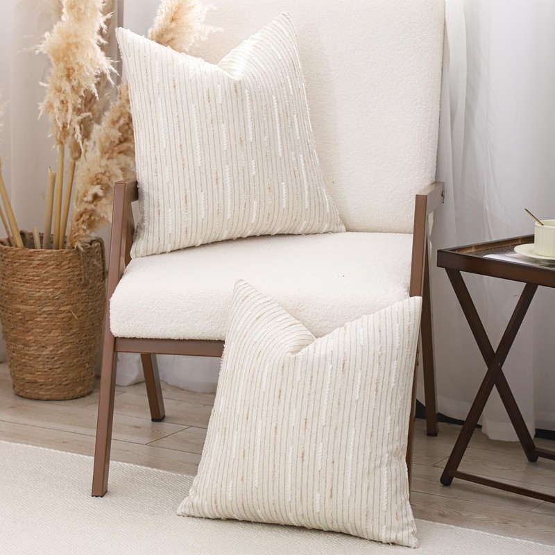 Boho Jacquard Throw Pillow Covers 18x18 Set of 2 Beige