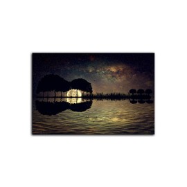 Urttiiyy Guitar Trees Arranged in a Shape of a Guitar on a Starry Sky Background in a Full Moon Night Canvas Wall Art Modern Home Decor Framed Ready to Hang