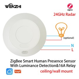 Presence Sensor, WenzhiIoT Zigbee 24GHz Radar MmWave Presence Sensor Body Motion Detection with Luminance Detection&16A Relay Tuya Smart Life Support Home Assistant Zigbee2mqtt