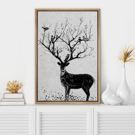 SIGNWIN Framed Canvas Print Wall Art Black & White Deer with Birds on Antlers Wildlife Animals Illustrations Modern Chic Scenic Dramatic Multicolor for Living Room, Bedroom, Office - 16"x24"