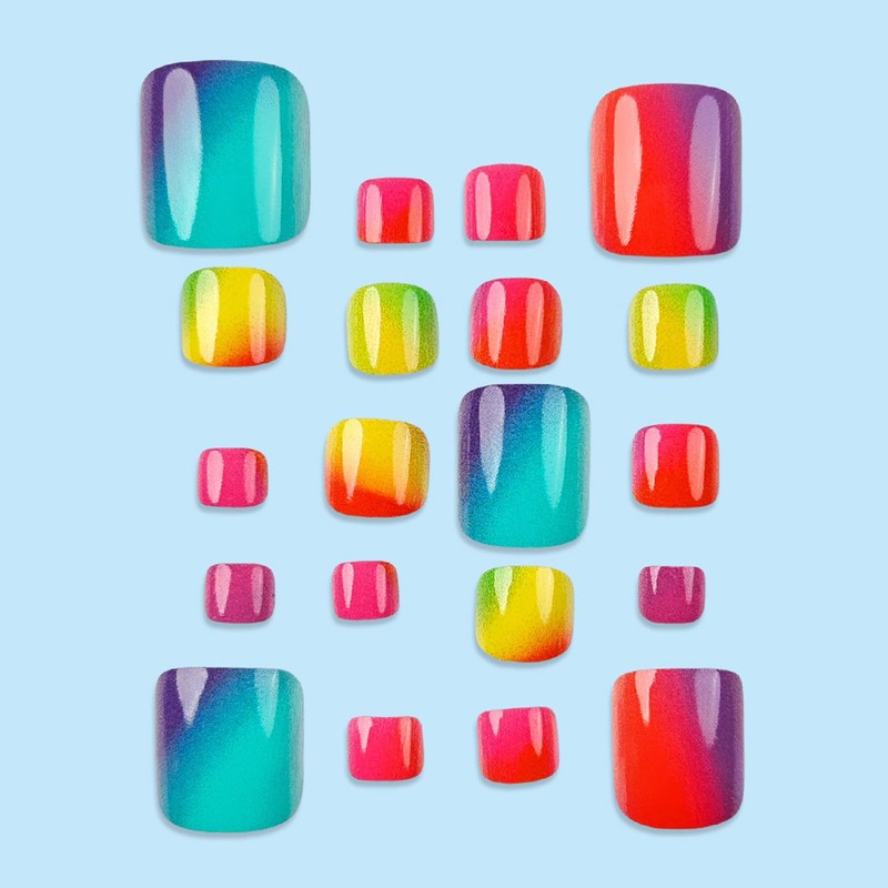 24Pcs Rainbow Colorful Press on Toenails Short Square Fake Toe