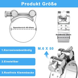 4 Stück Gelenkbolzenschelle Edelstahl, Bandbreite 12mm Spannbereich 40-43mm Einstellbar Schlauchschellen Pool Edelstahl Gelenkbolzenschelle Auspuffrohrklemme Rohrschellen