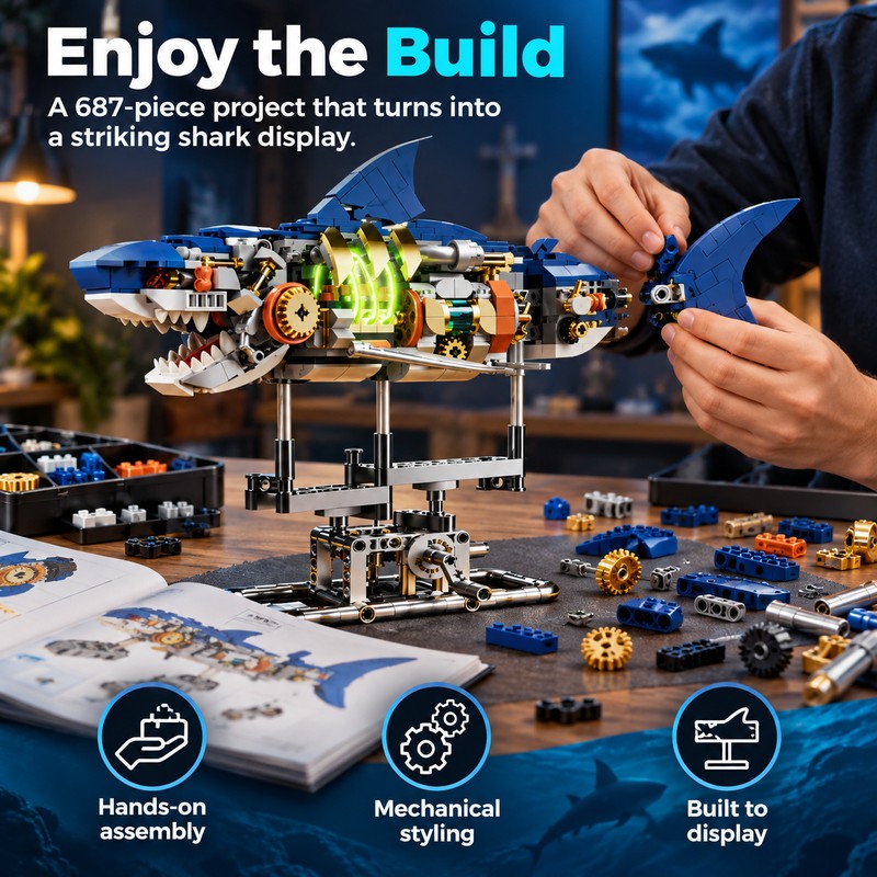Mechanical Shark Building Set for Creative Play – 687-Piece Light-Up