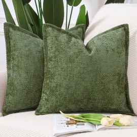 Madizz Set of 2 Chenille Velvet Cushion Covers with Flange Soft Boho Textured Throw Pillow Covers Broadside Pillowcases Modern Farmhouse Home Decor for Sofa Bedroom Moss Green 16x16 inch, 40x40 cm