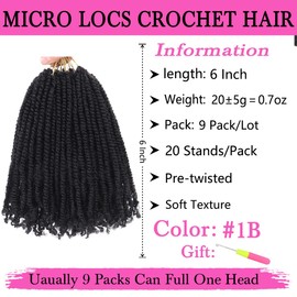 COOKOO 9 Packs Pre-twisted Micro Twist Crochet Hair 6 Inch Natural Black Pre-looped Mini Passion Twist Crochet Hair Mini Senegalese Twists Hair Synthetic Hair Extensions for Women(1B#)