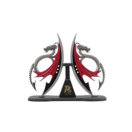 Wuu Jau H-548 Dual Fantasy Dragon Dagger Display with Wooden Stand, 11"