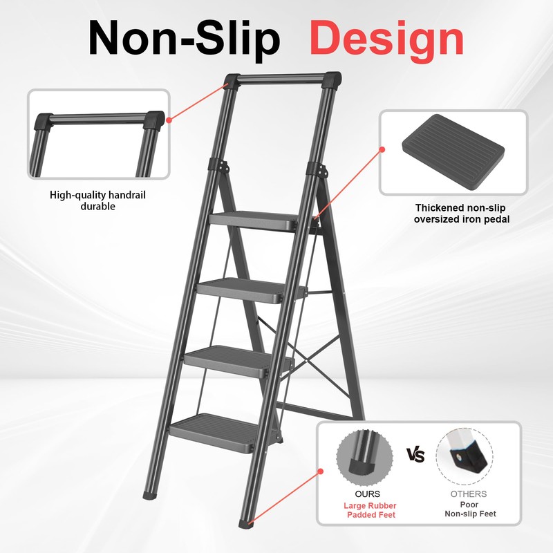 4 Step Ladder, DIAMONDFORGE Folding Step Stool with Wide Anti-Slip