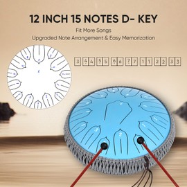 Steel Tongue Drum 12 Inch 15 Notes: Handpan Drums Set with Music Book Mallets Carry Bag - Hand Pan Instrument for Adults Musical Education Meditation Yoga Chakra (Blue)