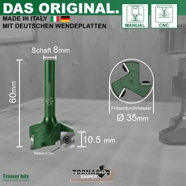 Fraiser Tornado Sniper - Face Milling Cutter Wood with Cutting Diameter 35 mm and 8 mm Shank, 3 Carbide Reversible Plates with Rounded Cutting Edges - Surface Cutter, Edge Cutter and Groove Cutter for CNC and Router