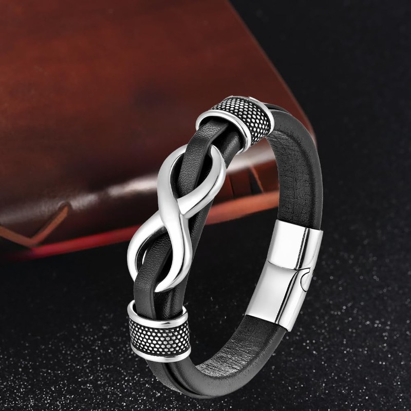 REchoLI Infinity Bracelet for Men,Stainless Steel Silver Men Infinity Leather