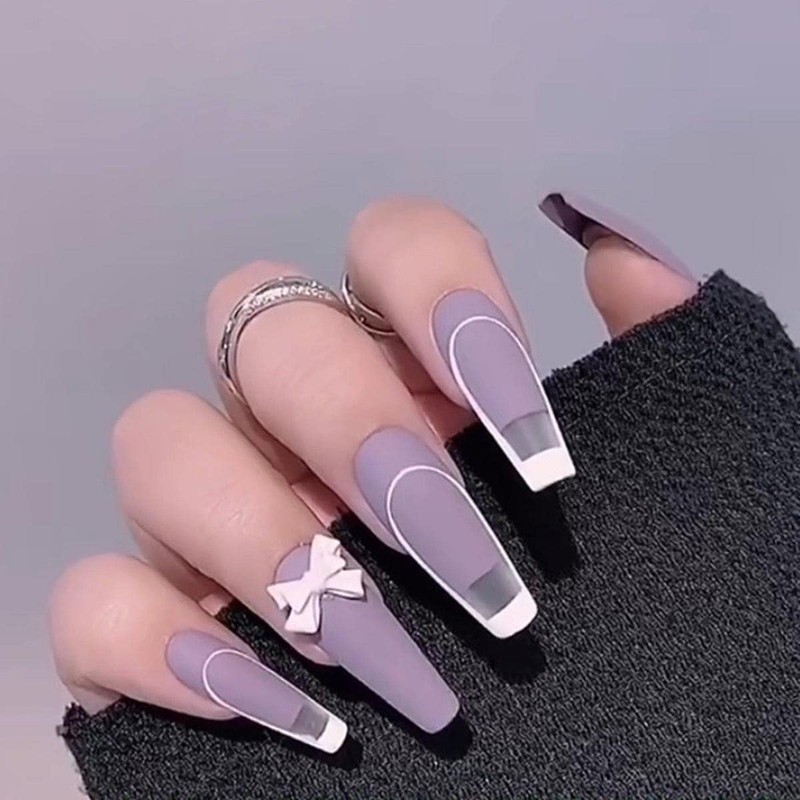 Bufenia 24 Pcs False Nails Coffin Ballerina Bow Tie Matte