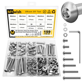 Mywish 159 Pieces M6 Screw Assortment Kit 304 Stainless Steel Button Head Socket Cap Metric Screws Bolts, Spring Lock & Flat Washers/Nuts/Hex Wrenches M6*8/12/16/20/25/30/35mm