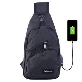 Leberna Crossbody Chest Sling Bag, Small Shoulder Bag with USB Charging Port, Crossover Cross Body Bag for Work Travelling Women Men