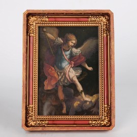 BC Catholic St. Michael Image 4x6 , Archangel Picture, with 7.6” H Vintage Tabletop Prayer Picture Frame for Small Catholic Images Home Decor, Religious Gift, Handpainted Antique Photo Frame by Buildclassic