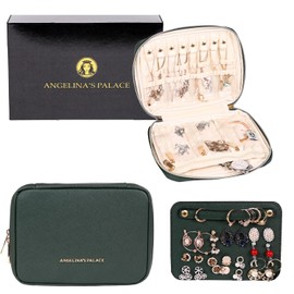 Angelina's Palace Large Jewelry Organizer Case Bridesmaid Gifts Vegan Leather Waterproof Travel Jewelry Storage Bag for Necklace Earring Bracelet Ring(deep evergreen)