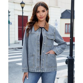 luvamia Womens Jackets Casual Lightweight Blue Loose Jean Jacket for Women Long Fall Jackets Country Concert Outfit Aqua Blue Size Large Size 12 14