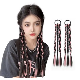 2Pcs Braided Ponytail Extensions with Hair Ties Soft Synthetic Hair Pieces for Women Girls Daily Wear 15.8 Inch Suitable for parties, birthdays, weddings (Pink)