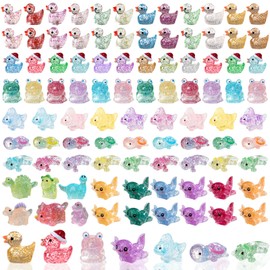 BXYIIGRU Mini Glitter Ducks 200 Pcs Tiny Duck Figures Luminous Resin Dinosaur Turtle Frog Axolotls to Hide Plastic Animal for DIY Garden Miniatures Fairy Garden Accessories (8 Styles)
