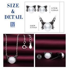 Yumilok Women's Necklace Cat Earrings Stud Earrings Jewellery Set with White Pearl Made of 925 Sterling Silver for Women, Sterling Silver Pearl, Pearl