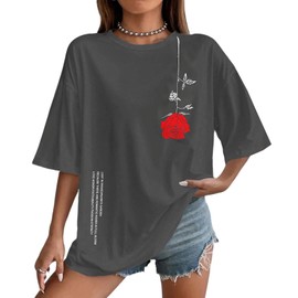 UOUA Women Oversized Graphic T-Shirt Casual Cotton Tees Floral Letter Printed Summer Tops Grey XXL