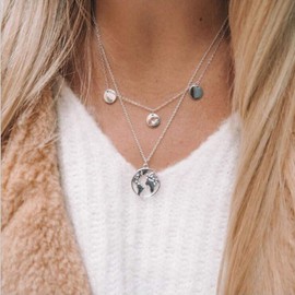 TseenYi Map Pendant Necklace Chain Layering Silver Coin Disc Chain Necklaces Layered Boho Choker Necklace Jewelry for Women and Girls (Silver)