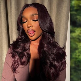 99j Red Wine Colored 3 Bundles and 2x6 HD Closure Human Hair Body Wave, Soft and Glossy 10A Dark Burgundy Sew In Bundles with Long Deep Middle Part Closure Pre Plucked 100% Remy Hair 10 12 14+10 Inch