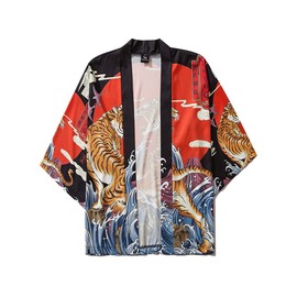 Cárdigan tipo kimono de manga 3/4 para mujer con estampado de chal japonés para cubrir la cubierta de traje de baño de anime, 16, Talla única