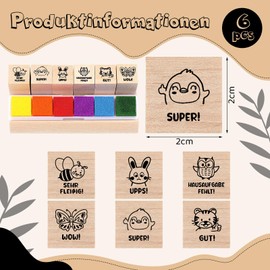 Faccito Stamp Set for Teachers, 6 Wooden Teacher Stamps with Animal Motifs, 6 Colourful Ink Pads, Reward Stamps, Motivation Stamps, Gift for Teacher's Day, School Child, Nursery, School, Motivation