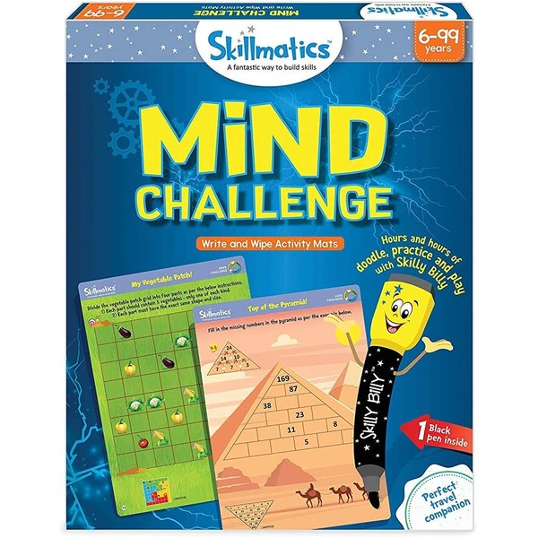 Skillmatics Educational Game: Mind Challenge (6-99 Years) | Erasable and Reusable Activity Mats | Travel Toy with Dry Erase Marker | Learning tools for Kids 6, 7, 8, 9 Years and Up