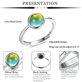 MILACOLATO 925 Sterling Silver Mood Rings for Women Open Adjustable Victorian Style Oval Solitaire Ring Temperature-Control Rings Color Change Stacking Rings CZ Stone Rings Gift Jewellery B