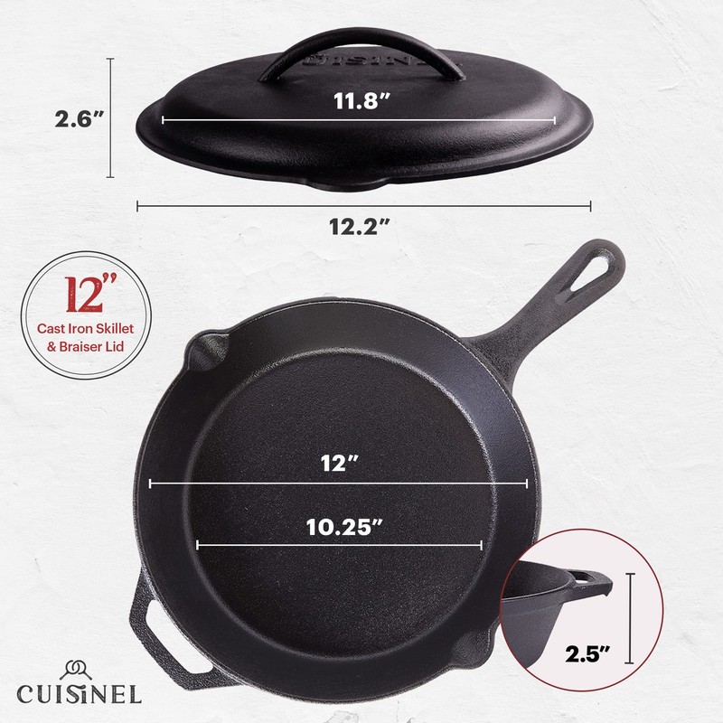 Cuisinel Cast Iron Skillet with Lid - 12"-inch Pre-Seasoned Covered