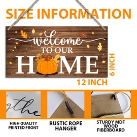 Hello Fall Harvest Pumpkin Welcome to Our Home Rustic Hanging Wooden Door Sign Plaque for Farmhouse Front Door Home Yard Porch Decor Maple Leaves Thanksgiving Wall Decorations 12 x 6 Inches