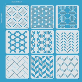 ORIGACH 9Pcs Geometric Pattern Stencils for Painting - 30x30cm Vintage Painting Stencils Drawing Template for Wood, Wall, Canvas - Reusable Template for Home Decor DIY Craft Art Gift