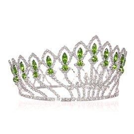 Pageant Beauty Contest Bridal Wedding Full Crown - Silver Plated Green Crystals T1185