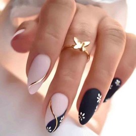 Enppode Almond Press on Nails Medium Fake Nails Black Nails with Flowers Design Nude Matte Nails for Women