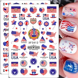 4th of July Nail Art Stickers 3D Patriotic Nail Decals USA Flag Independence Day Nail Stickers Self-Adhesive American Flag Designer Nail Art Supplies for Women Kids Girls Manicure Decoration