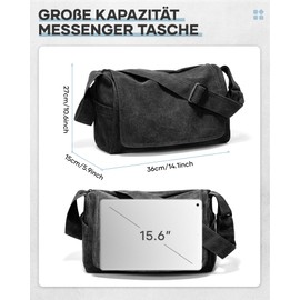 VENATIN Men's Canvas Shoulder Bag, Vintage Canvas Messenger Bag, Laptop Bag, 15.6 Inch for Work, Work Bag, Black