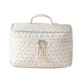 Makeup Bag Travel Toiletry Organizer,Large Quilted Cosmetic Bag for Women Make-up Bags Portable Cosmetic Brush Pouch Handle Zipper Storage Case,Floral Cream White