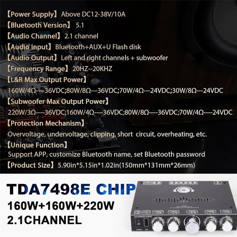 DollaTek 2.1 Channel Bluetooth Amplifier Board High Power Bluetooth Amplifier