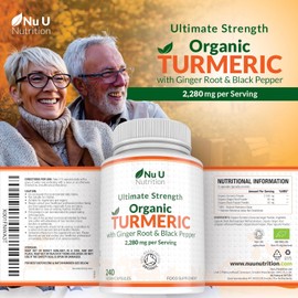 Organic Turmeric Ginger & Black Pepper 2280mg - 240 Vegan Capsules not Tablets - High Strength Tumeric Curcumin - Joints Herbal Supplement for Men and Women - Made in The UK - Nu U Nutrition