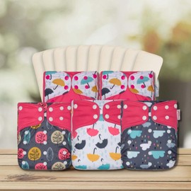 KaWaii Baby Best Value Cloth Diaper Pack - 5 One Size Printed Snap Diapers + 10 Premium Diaper Inserts Reusable fit 8-36 lbs, Sunshower