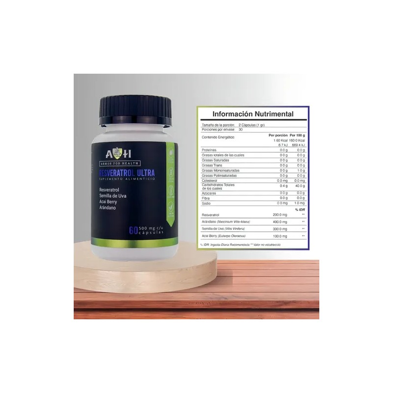 Suplemento Resveratrol A4H Acai Arándano Semilla Uva Sin Sabor 60