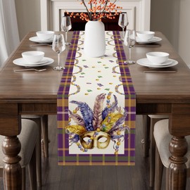 BOTB LIHM Mardi Gras Plaid Masquerade Mask Beads Celebration Carnival Cloth Table Runner Burlap Table Decoration for Home Kitchen Dining Dinner Indoor Holiday Farmhouse Decor 13x72 Inch