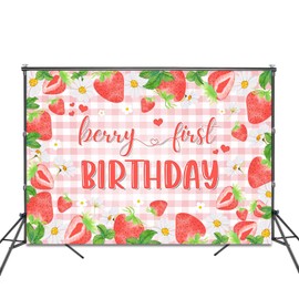 Fitumiw Strawberry Daisy 1st Birthday Backdrop 7x5ft Pink Plaid Berry First Birthday Party Decorations Background for Girl Watercolor Strawberry Banner Photo Booth Props