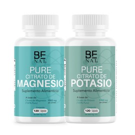 BE NAT | MAGNESIO Y POTASIO | Paquete 2 Frascos | 120 cápsulas Veganas C/U | Fácil Absorción, Ingredientes 100 % Puros de Alta calidad | Suplemento Alimenticios Premium a base de Citrato de Magnesio y Citrato de Potasio.