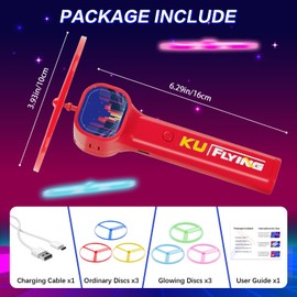 HOMQYTE Rechargeable Disc Launcher with 6 Flying Spinners for Outdoor Activities Game White Elephant Gift Fidget Toys (Red)