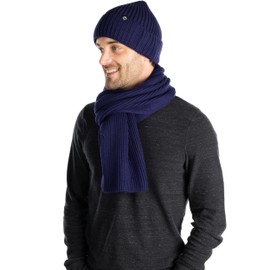 Funky Junque - Juego de bufanda para hombres y mujeres, gorro a juego, ropa de invierno, regalos de Navidad, gorro de punto cálido, bufandas a la moda, Punto acanalado, azul marino, Talla única